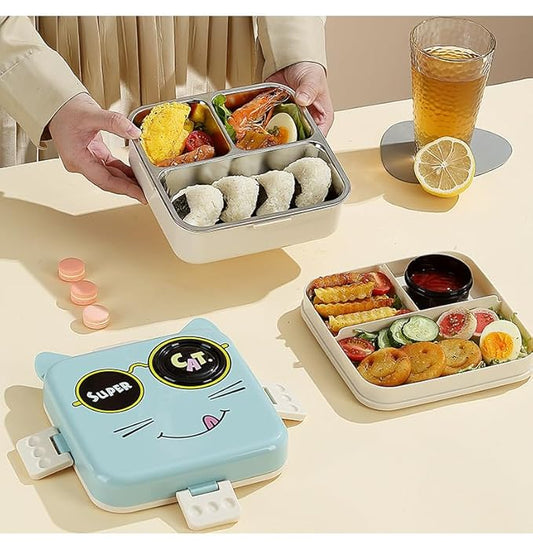Cat Printed 3 Compartment  Stainless Steel Lunchbox
