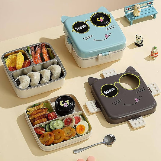 Cat Printed 3 Compartment  Stainless Steel Lunchbox